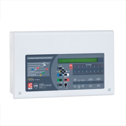 This is a photo of the C-Tec XFP Addressable Single Loop Fire Alarm Panel. A white panel box with a blue and grey front with buttons and LEDS