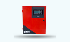Fike FCP 75 Fire alarm panel. Red box with the brand Fike written in white on the bottom left corner and a digital screen with a black frame on the top right. 